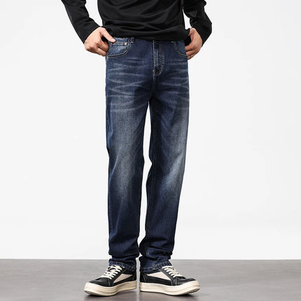 Brand jeans pants Men's Light Business Micro Stretch Straight Fit Denim Pants Vintage All Season Long Pants Deep blue versatile