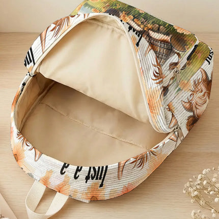 Highland Cow & Letter Print Allover Women Fashion Backpack Corduroy Multi-pocket Large Capacity Commuter Bag