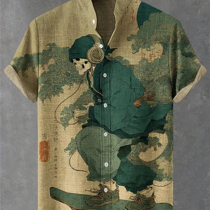 Men's Linen Short Sleeve Hawaiian Casual Vacation Stand-Up Collar Printed High-Quality Wedding And Social Occasion Shirt