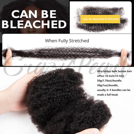 CrazyPearl Afro Kinky Bulk Human Hair for Dreadlocks Extension Repair Locs Twist Braiding Afro Kinky Human Hair for Locs Natural