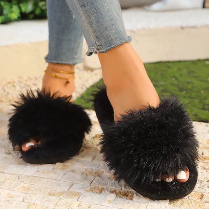 Cross Band Fur Slippers for Women Fluffy Open Toe Shoes Plush Flat Home Fuzzy Floor Slipper Woman Cozy Warm Soft Sole Anti Slip