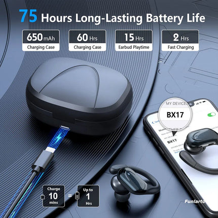 Wireless Running Earbuds 75 Hours Long Battery Life Over The Ear Earbuds with EarHooks Hands Free Wireless Bluetooth Ear Buds
