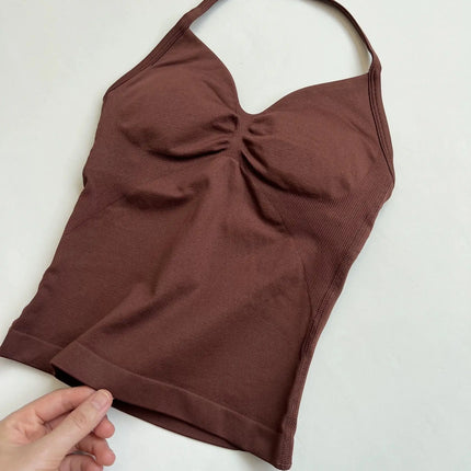 Longline Strappy Gym Top Custom Logo Backless Gym Clothes Women Scrunch Built-in Bra With Removable Cups Yoga Tank Tops