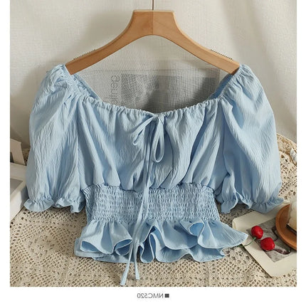 French Style Bubble Sleeve Shirt Women's Short Sweet Sensation Waist Cinched One Shoulder Top Polyester Blend Regular Sleeve