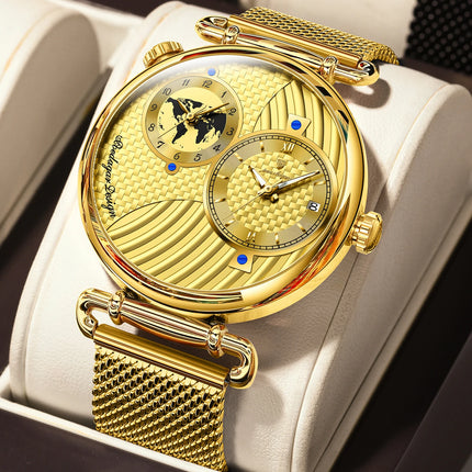 POEDAGAR Fashion Man Clock Dual Time Zone Display Waterproof Date Men Watch Sports Mesh Stainless Steel Men's Quartz Watches+Box