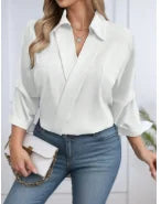 Elegant V-Neck Blouse: Unique Notch Collar Design Women's Summer Shirt with Premium Textured Fabric for Office & Casual Wear