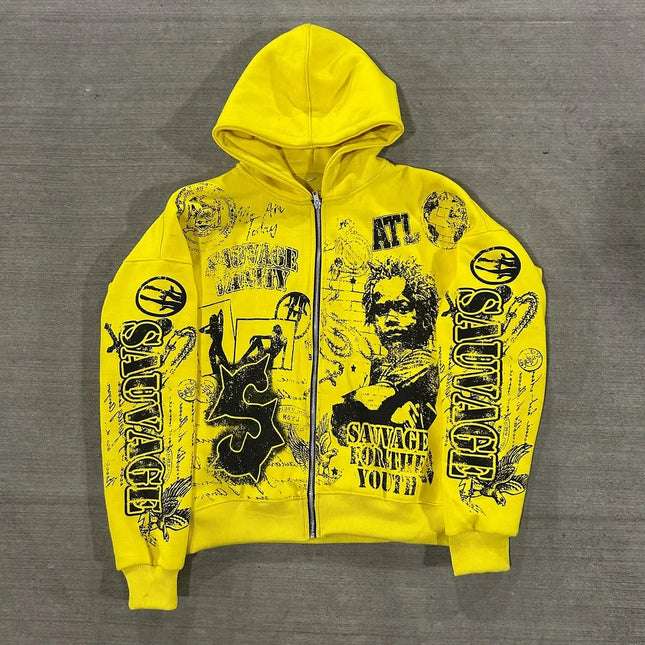 Y2k Yellow Fashion Print Zip Up Hoodies New Harajuku Hip Hop High Quality Long Sleeve Coats Loose Hooded Sweatshirt Streetwear