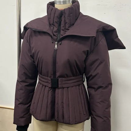 Women Peplum Ski Jackets Hooded Stand Collar Belt Waist Zipper Solid Puffer Jacket Fashion Sheath Warm Sport Winter 2025 Skiwear