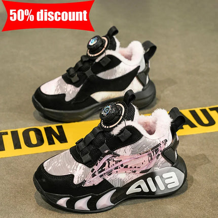 Childrens Sneakers Low Top Thick Sole Fashion Leather Warm Comfortable Soft Cotton Shoes Winter Outdoor Non Slip Walking Shoes