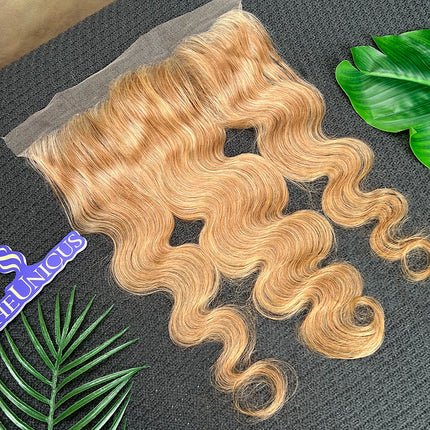 Body Wave #27 Colored 13x4 Transparent Lace Frontal Human Hair Bleached Knots Prepluck 100% Raw Virgin Human Hair Closure Only