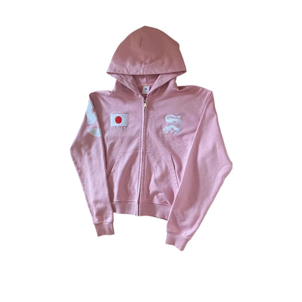 Vintage Yellow Fashion Print Zip Up Hoodies Harajuku Hip Hop Long Sleeve Coats Loose Hooded Sweatshirt Men and Women Streetwear
