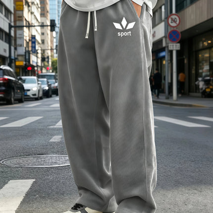 Mens Corduroy Wide Leg Trousers Elastic Drawstring Waist Abstract Leaf Sport Graphic Print Loose Straight Casual Street S-4XL