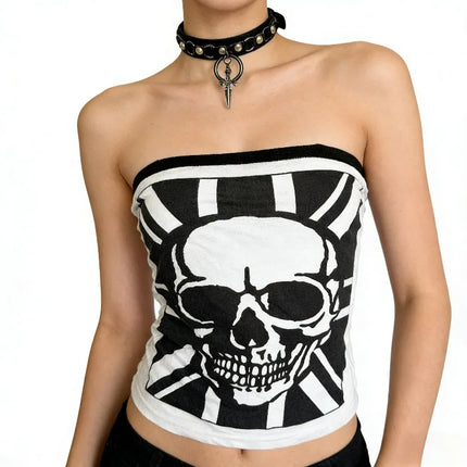 American Street Hottie Vests Harajuku Aesthetic Skull Print Strapless Vest Ladies Punk Slim Tanks Vintage Gothic Sexy Tops