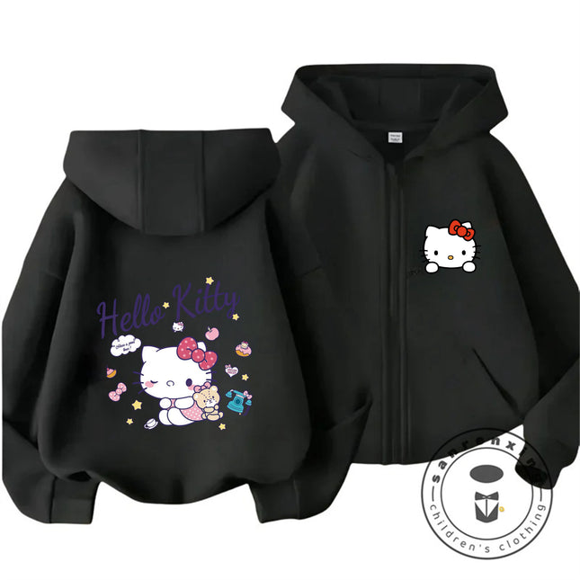 New Kids Zip Hooded Sweatshirt Hello Kitty Trendy Kawaii Design For Boys Girls Autumn Winter Wear 3-14 Age