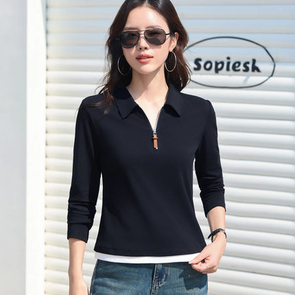 False Two-piece Design Polo Collar Shirt Women's Long Sleeve Cotton T-Shirt Solid Color Business Casual Blend Top Fashion Style