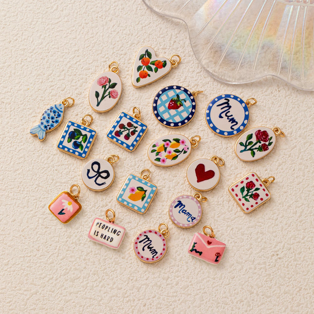 Flower Fruit Love Shell Drip Oil Printed Pendant Fashion Trend DIY Charms Jewelry Making Accessory