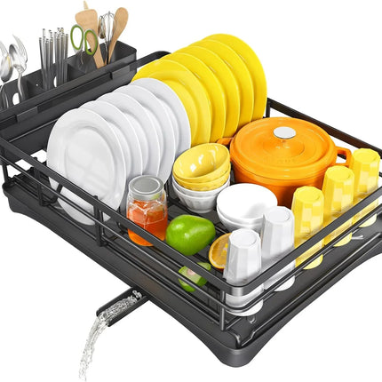 Spacious Kitchen Dish Rack with Drainboard - Rust-Resistant Countertop Drainer with Utensil Holder for Efficient Drying
