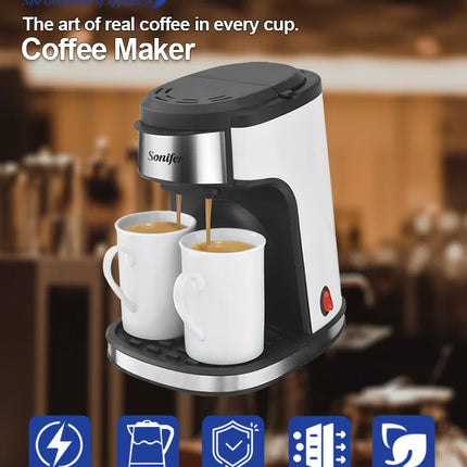 Sonifer 2-Cup Drip Coffee Maker SF-3540 (240ml), 450W, Includes 2 Porcelain Mugs, Reusable Filter, One-Touch Control
