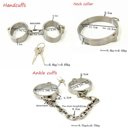 Stainless Steel Detachable Buckle Chain Lockable Neck Collar Wrist Handcuffs Ankle Cuffs Slave BDSM Bondage Restraints Sex Toys