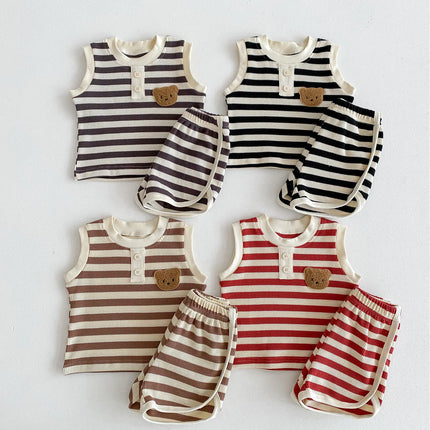 2024 New Summer Baby Stripe Clothes Set Girls Waffle Bear Sleeveless Top+Pants Toddler Infant Outwear 2PCS
