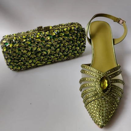 INSIGHTLINK Luxury Olive Green Rhinestones Women's Shoe and Bag Set for Party Wedding Crystals Heeled Pumps and Handbag Sandals