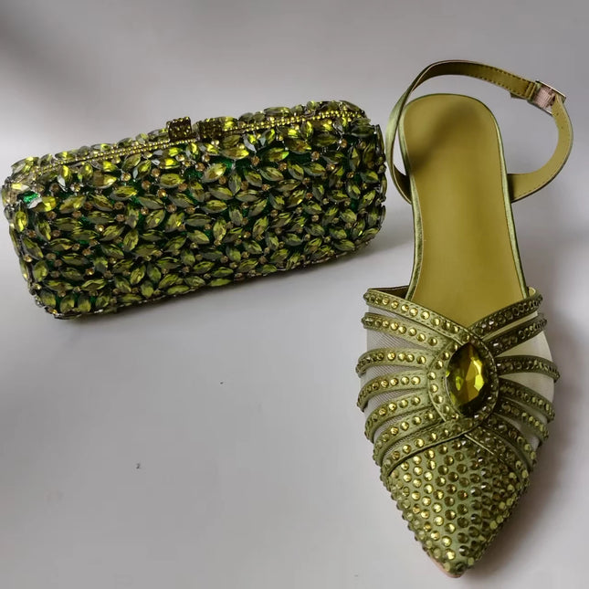 INSIGHTLINK Luxury Olive Green Rhinestones Women's Shoe and Bag Set for Party Wedding Crystals Heeled Pumps and Handbag Sandals