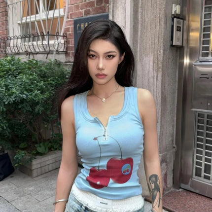 Blue Cherry Print Crop Top Women's Summer Slim Fit High Street Short Zipper Trendy Strap Vest Sweet Style 8-24 Years Old