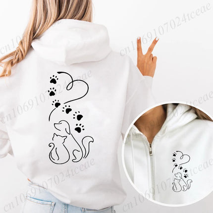 Dog and Cat Love Heart Graphic Fashion Zip Up Hoodies Women Autumn Long Sleeve Harajuku Y2K Clothes Female Sweatshirt Jackets