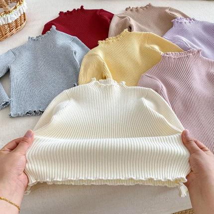 Kids Girls High Neck Knit Sweater Childrens Long Sleeve Undershirt Ruffled Solid Color Autumn for 0-5Y Girls Inner Top