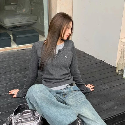 2024 Autumn Winter Long Sleeves Korean Fashion Style O-neck T-shirt for Women Fake Two-Piece T-shirts Ladies Top Tee Clothes