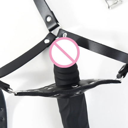 BDSM Leather Head Harness Double Ended Silicone Dildo Mouth Gag Slave Bondage Mask Adult Sex Toy Role Play Fetish Gear Tools