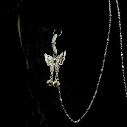 Silver Butterfly Bell Nipple Clamps Pearl Collar Body Chain Detachable Integrated Design Sexy Accessories SM Training Sex Toys