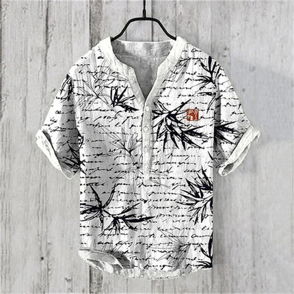 European Size Fashion Plus Comfortable Short Sleeved Men's New V-Neck Travel Printed Linen Breathable Men's Shirt