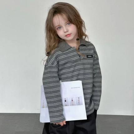 SeasonSea Girls Striped Cotton Sweatshirt Autumn Winter Kids Polo Collar Pullover Long Sleeve Tops Casual Children Clothes