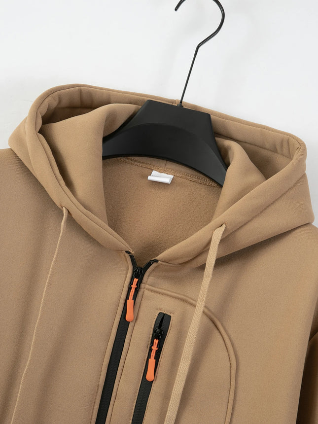 Men's hooded sport casual sweatshirt with industrial style loose fleece pullover trendy brand multi-pocket men's shirt