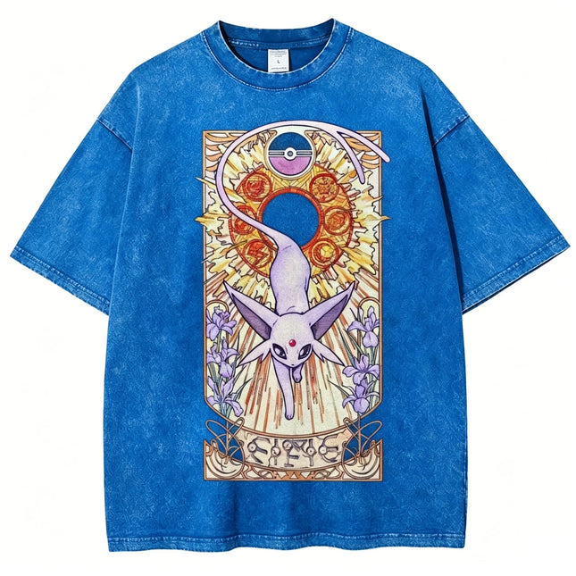 Cosplay Costume Summer Pokemon Eevee Vintage Washed Oversized Tee New High Quality 230GSM Pure Cotton Tarot Graphic Print Multi Color Streetwear