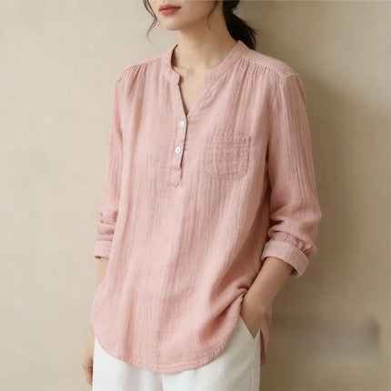 Womens Linen Cotton Long Sleeve Blouse Loose Fit Casual Shirt Three Colors for Spring Outing Chic Relaxed