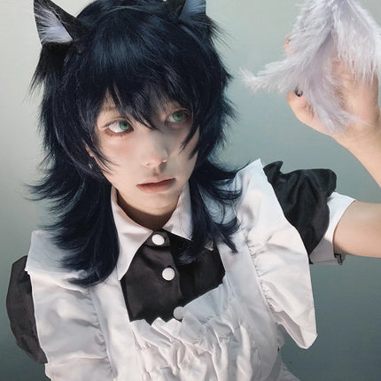 16Inch Blue Black Color Handsome Synthetic Wig With Bang Medium Natural Wavy Hair Wig for Man or Women Cosplay Heat Resistant
