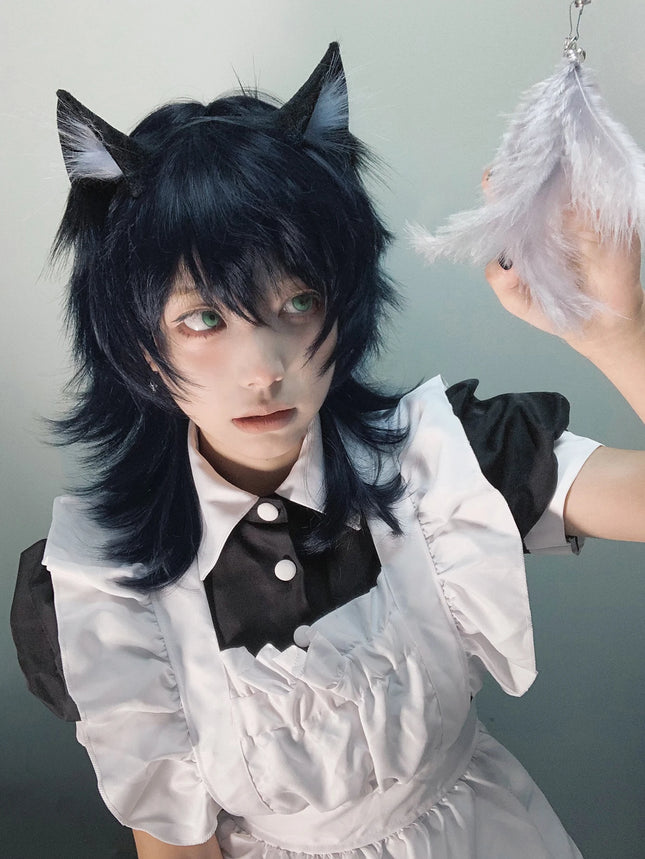 16Inch Blue Black Color Handsome Synthetic Wig With Bang Medium Natural Wavy Hair Wig for Man or Women Cosplay Heat Resistant