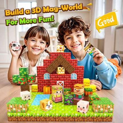 Mine World Magnetic Blocks Farm Animal Set, Magnetic Building Blocks for Kids, Toys Gift for 3+ Year Old Boys and Girls