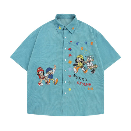 Men Streetwear Beach Shirt Fun Cartoon Embroidery Shirt Summer Hip Hop Oversized Short Sleeve Shirt Button Up Tops Hipster