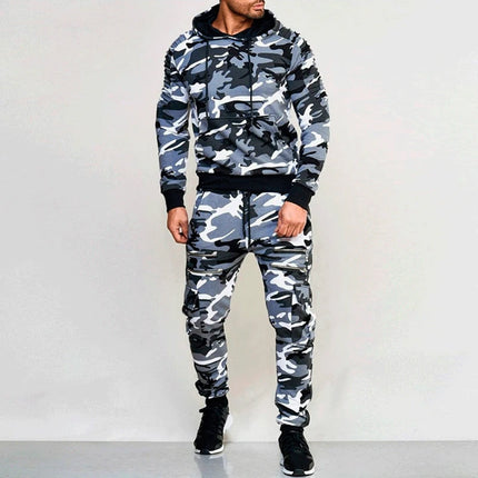 Camo Men Tracksuit Hooded Outerwear Hoodie Set 2 Pieces Autumn Sporting Male Fitness Camouflage Sweatshirts Jacket + Pants Sets