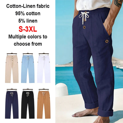Men's Linen Drawstring Pants Casual Button Detail Elastic Waist Breathable Beach Vacation Daily Wear Straight Leg Trousers for M