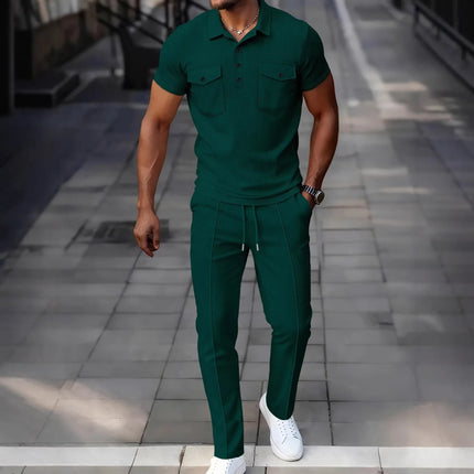Men's Waffle Knit 2 Piece Set Double Pocket Polo Shirt & Slim Fit Pants Casual Tracksuit