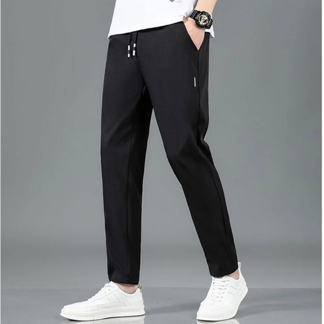 Summer Ice Silk Men's Pants Elastic Straight Leg Sweatpants Black Gray Thin Business Casual M-5XL Outdoor Breathable
