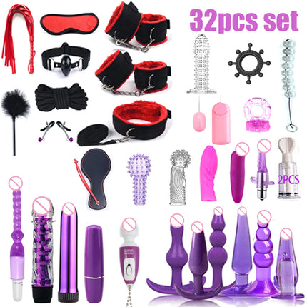 Hot Exotic Bed Bondage Set BDSM Kits Exotic Sex Toys For Women Adults Games Leather Handcuffs Whip Gag Nipple Clamps Sex Shop
