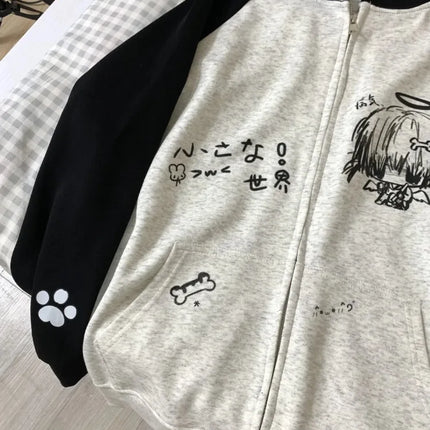 Zip Up Hoodie Cartoon Japanese Grunge Sweatshirt Women Clothing Streetwear Anime Print Jackets Y2k Tops Casual Loose Outerwear
