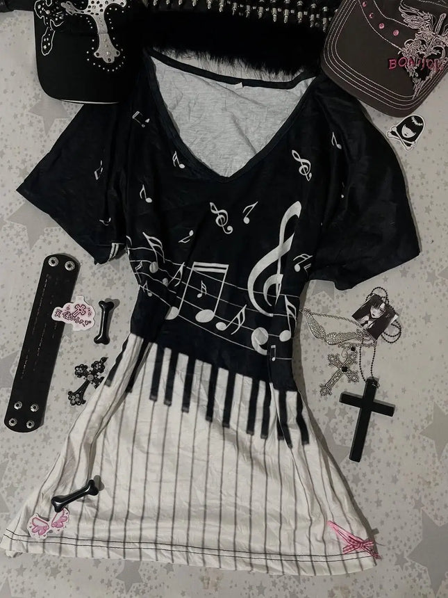Y2K Gothic Music Tee Piano Keyboard Musical Notes Print V-Neck T-Shirt Women 2000s Grunge Japanese E-girls Retro Tees hottie top