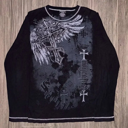 Y2K Gothic Harajuku Splice Printing White Long Sleeve New Punk Hip Hop Sexy T shirt Fashion Casual Pure Cotton Loose Tops Unisex