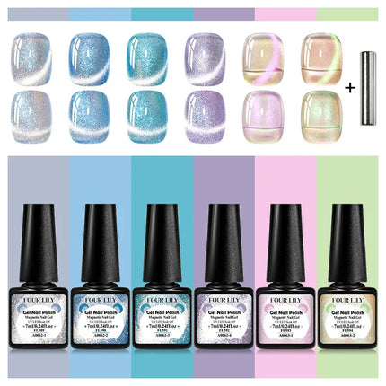 7pcs Gold Light Cat Magnetic Gel Nail Polish Set Maillard Magnetic Gel Semi Permanent Soak Off UV Gel Varnish Nail Art Manicure